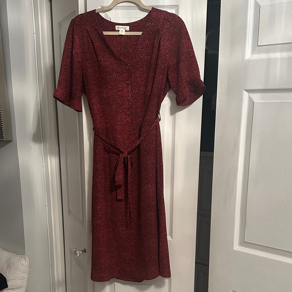 Monteau Red Midi Dress with Tie Waist
